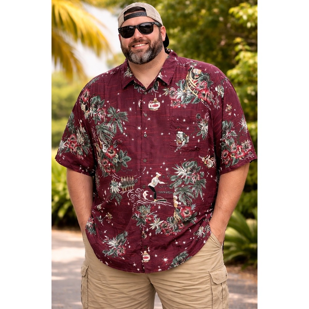 Tommy Bahama‎ Men 3XL Maroon Silk Happy Huladays Christmas Hawaiian Shirt